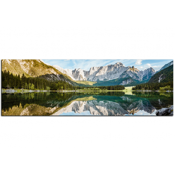 Obraz na plátně - Alpské štíty odrážející se v klidném jezeře - panoráma